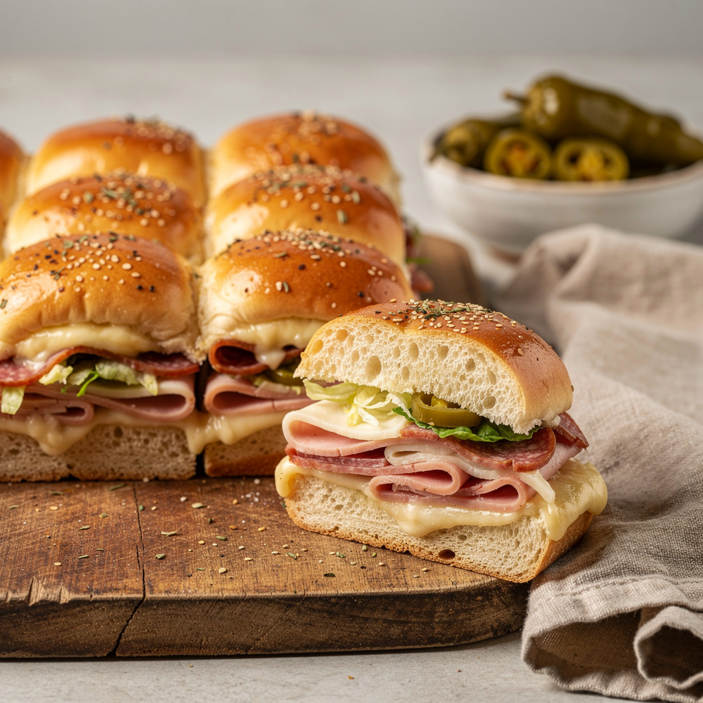 Italian Grinder Sliders with melted cheese on toasted Hawaiian rolls.