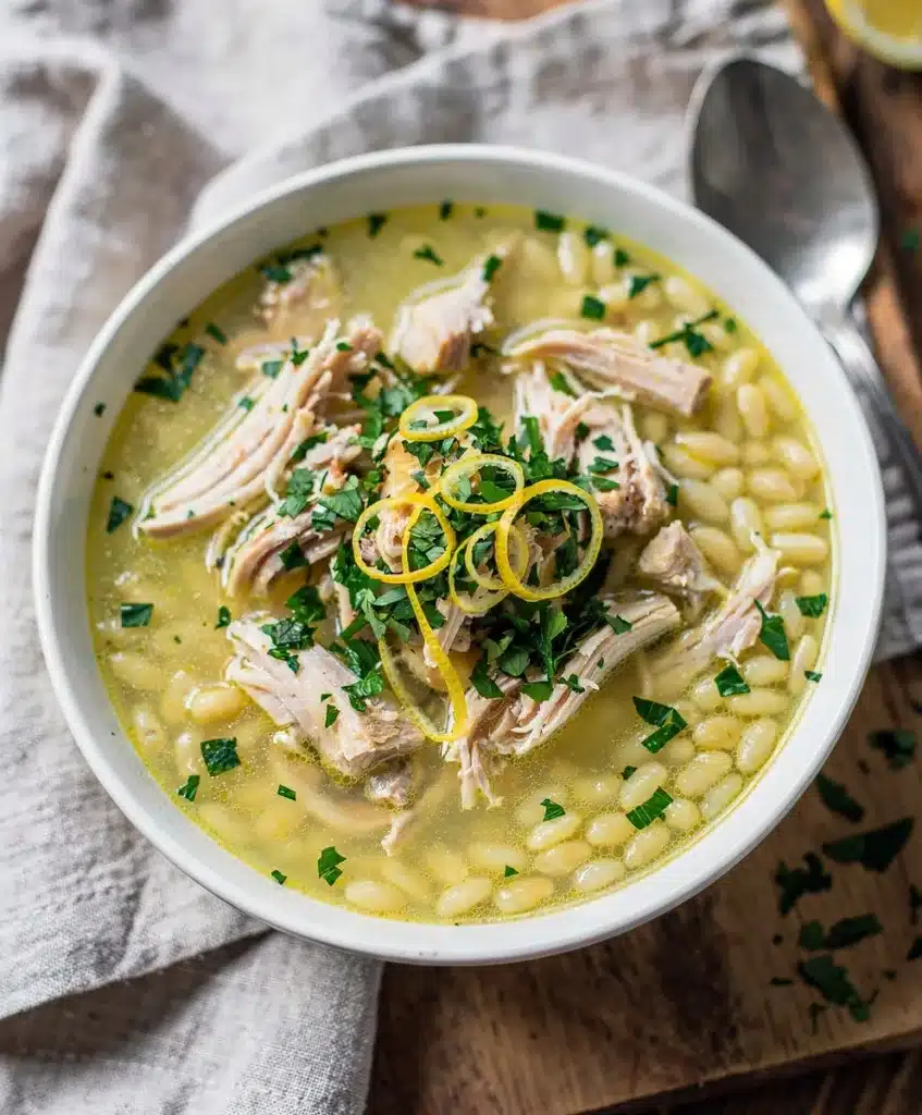 Creamy lemon chicken orzo soup in a rustic bowl with fresh parsley garnish.