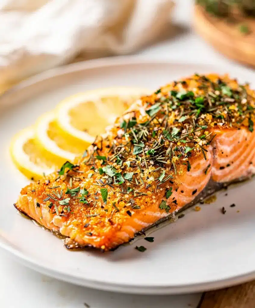 Lemon herb salmon with creamy sauce on a white plate close up