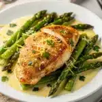 Lemon Parmesan Asparagus Chicken plated in creamy sauce on rustic table.
