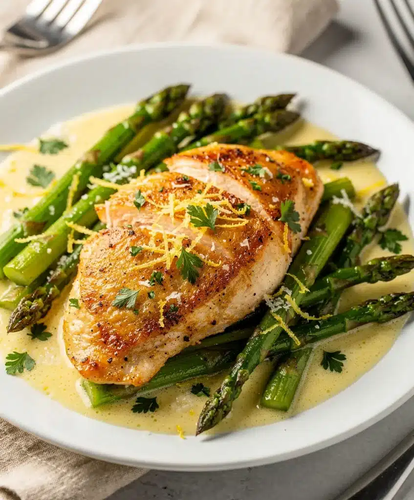 Lemon Parmesan Asparagus Chicken plated in creamy sauce on rustic table.