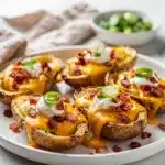 Crispy loaded potato skins topped with cheese bacon and sour cream