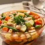 Hearty minestrone soup with vegetables and pasta in a rustic ceramic bowl.