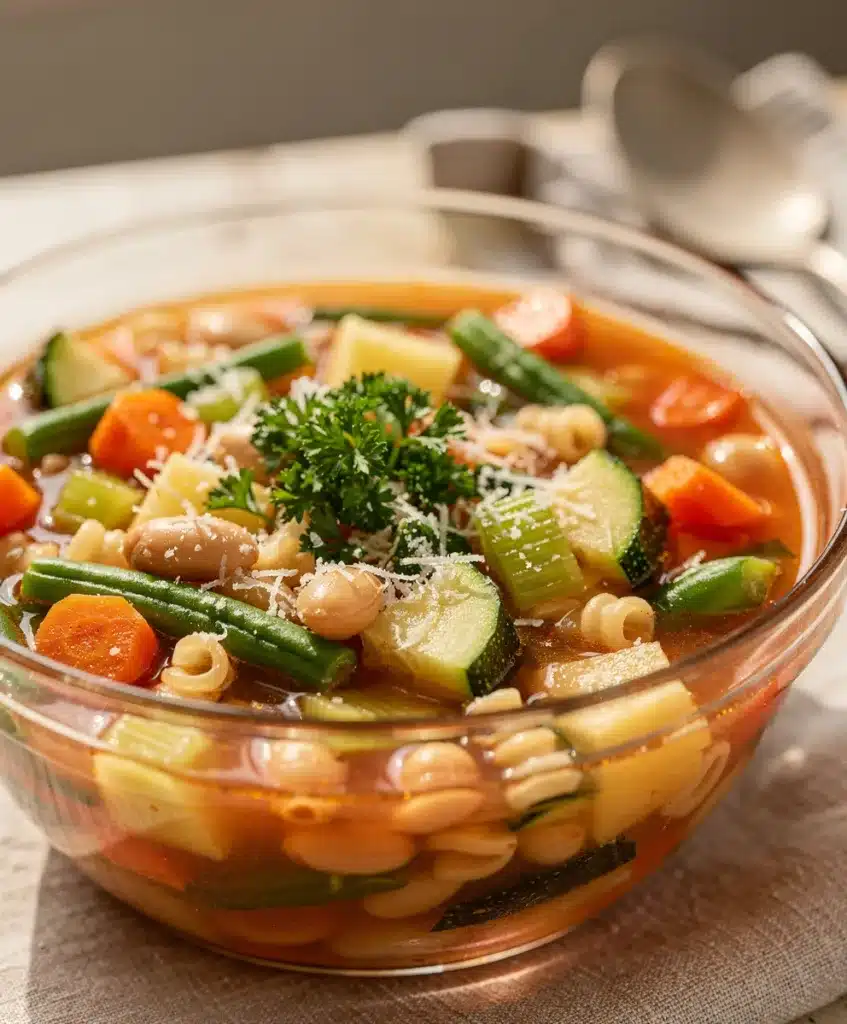 Hearty minestrone soup with vegetables and pasta in a rustic ceramic bowl.