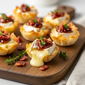 Golden phyllo cups filled with warm melted brie and sweet fig jam