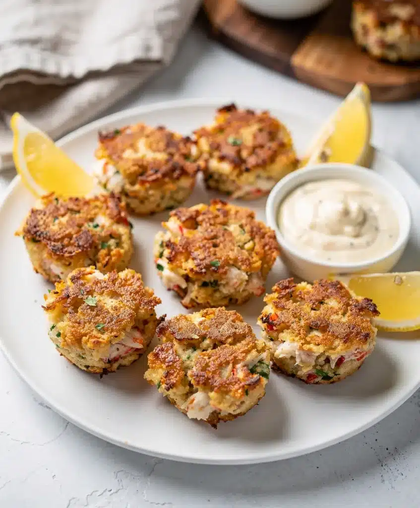 Mini crab cake bites with crispy golden brown texture and creamy remoulade sauce.
