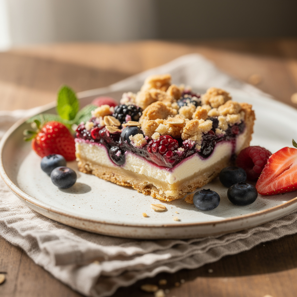 Mixed berry cheesecake crumb bars with oat topping and creamy filling.