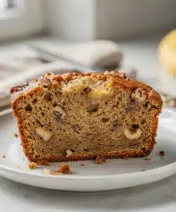 Moist classic banana bread recipe with walnuts in a close up food photo