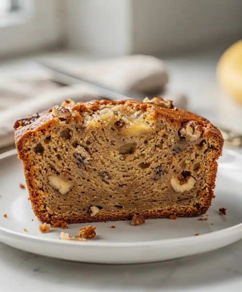 Moist classic banana bread recipe with walnuts in a close up food photo