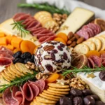 Festive New Years treat board with cranberry pecan goat cheese ball centerpiece.