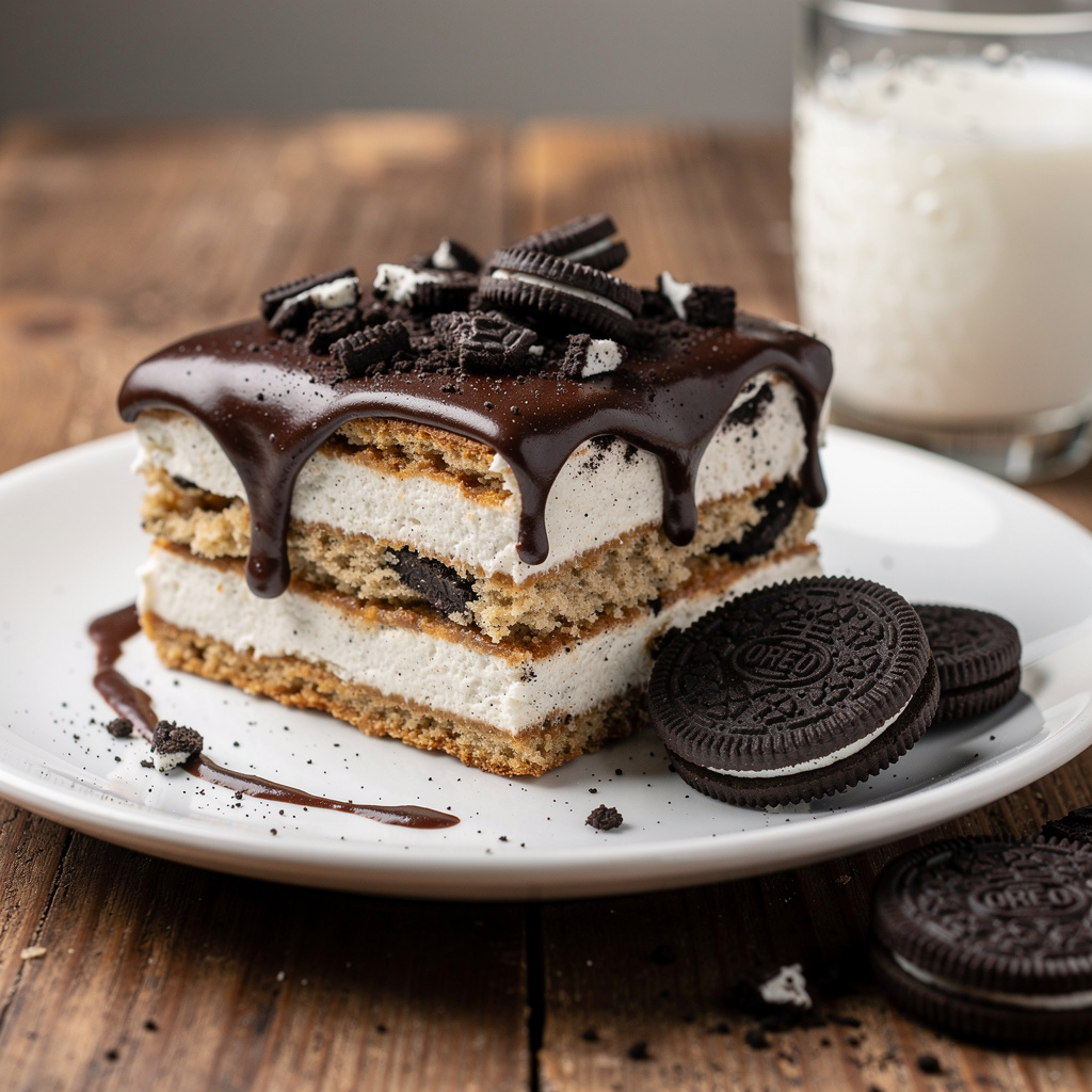 Oreo Eclair Cake slice with creamy layers and chocolate ganache topping.