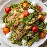 Creamy pesto chicken pasta salad with tomatoes and fresh mozzarella pearls.