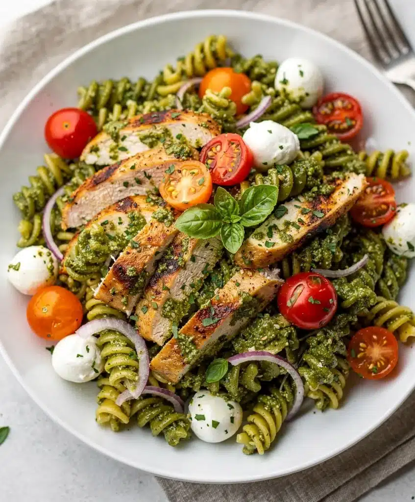Creamy pesto chicken pasta salad with tomatoes and fresh mozzarella pearls.