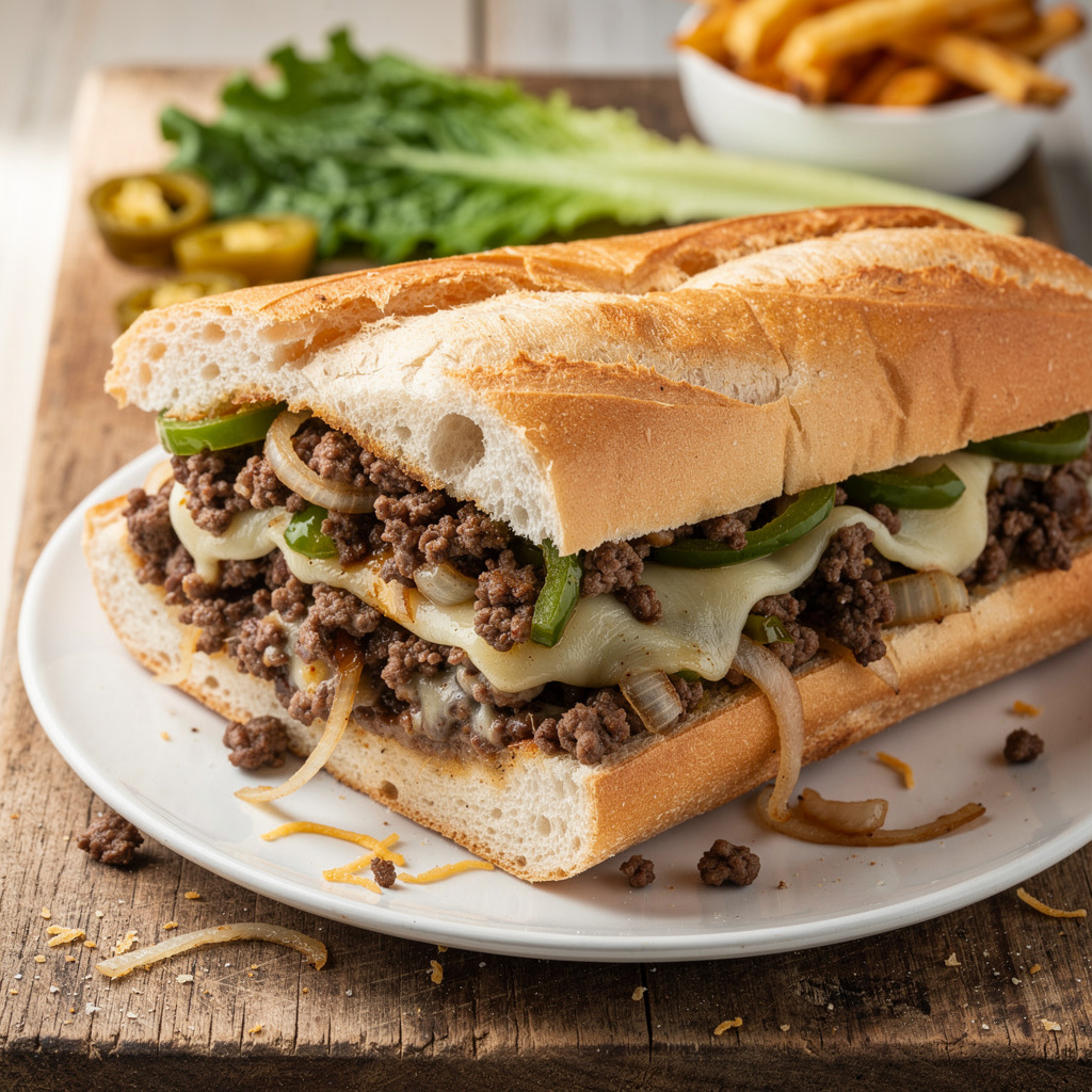 Juicy ground beef Philly cheesesteak sandwich with melted cheese and peppers.