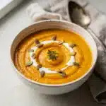 Creamy roasted butternut squash soup garnished with cream and pumpkin seeds.