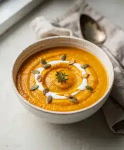 Creamy roasted butternut squash soup garnished with cream and pumpkin seeds.
