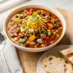 Hearty turkey chili soup with creamy beans in a rustic homemade recipe.