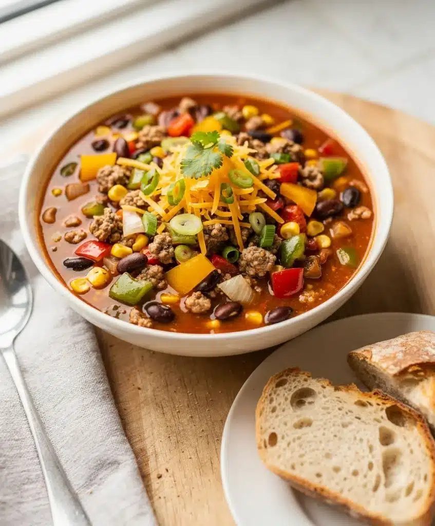 Hearty turkey chili soup with creamy beans in a rustic homemade recipe.