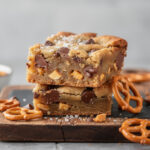Salted pretzel chocolate chip cookie bars for Super Bowl dessert sharing.