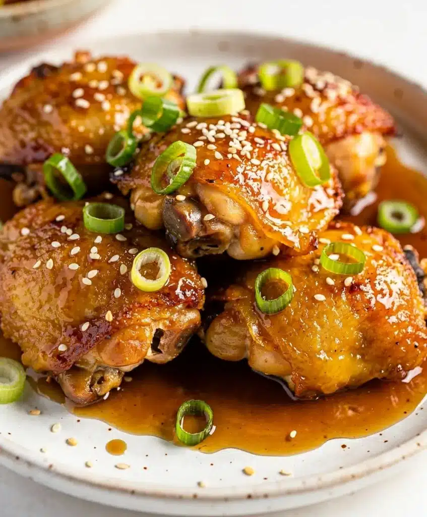 Slow cooker honey garlic chicken served with rice and green onions.