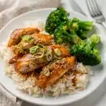 Slow cooker honey garlic chicken with glossy sticky sauce and tender shredded meat