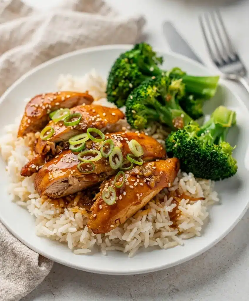 Slow cooker honey garlic chicken with glossy sticky sauce and tender shredded meat