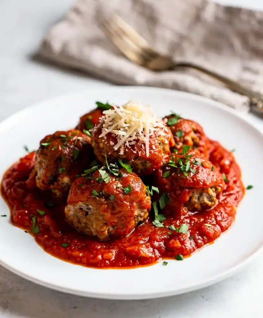 Slow Cooker Italian meatballs in tomato sauce over spaghetti with Parmesan.