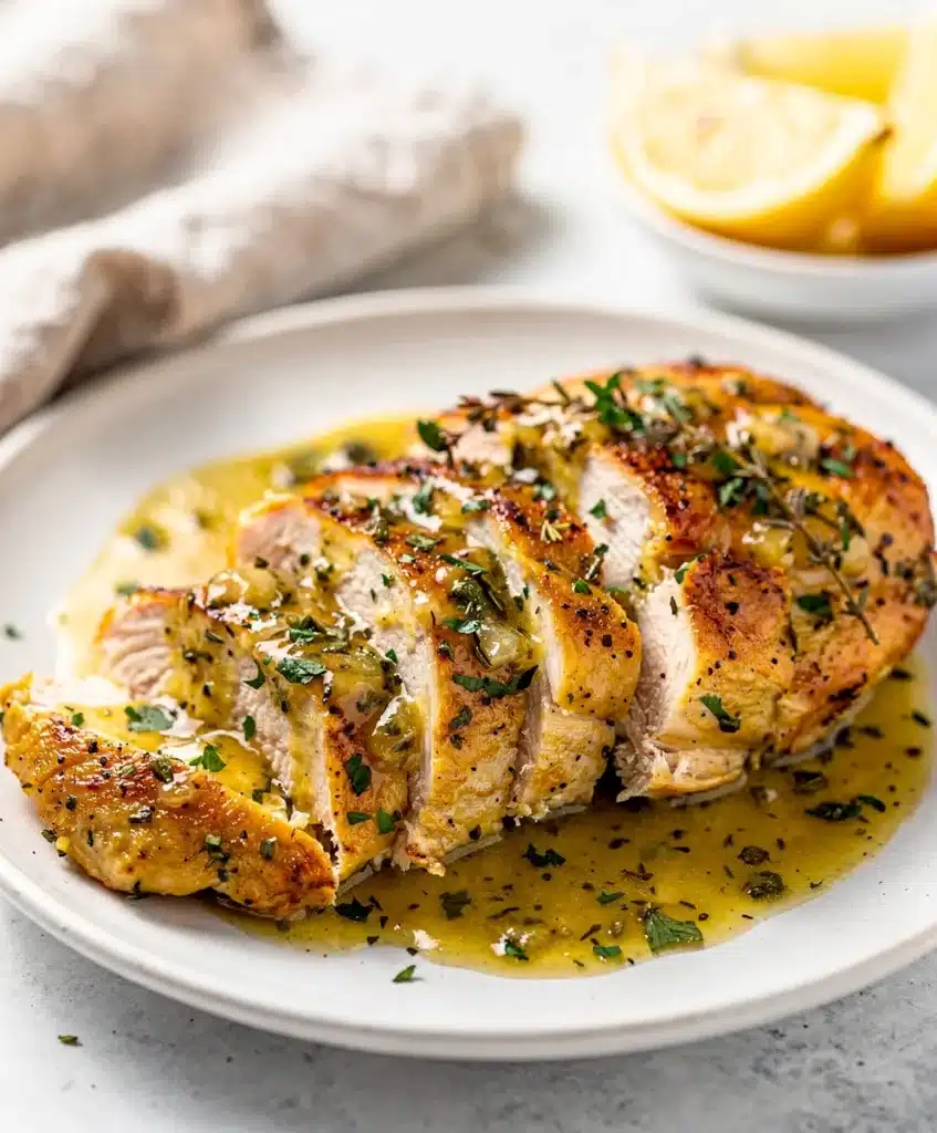 Slow cooker lemon herb chicken with creamy sauce and fresh herbs plated.