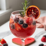 Sparkling Berry Kiss mocktail in a coupe glass for Valentine's Day.