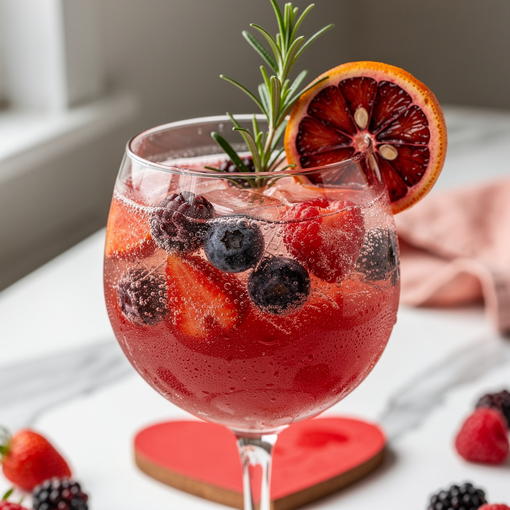 Sparkling Berry Kiss mocktail in a coupe glass for Valentine's Day.