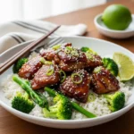 Sticky chicken rice bowls with broccoli, green onions, and sesame seeds.
