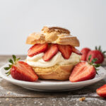 Fresh strawberry cream puff with vanilla pastry cream on rustic wooden plate.