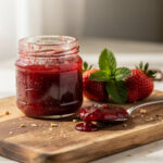 Homemade Italian strawberry jam in a rustic jar with fresh fruit.