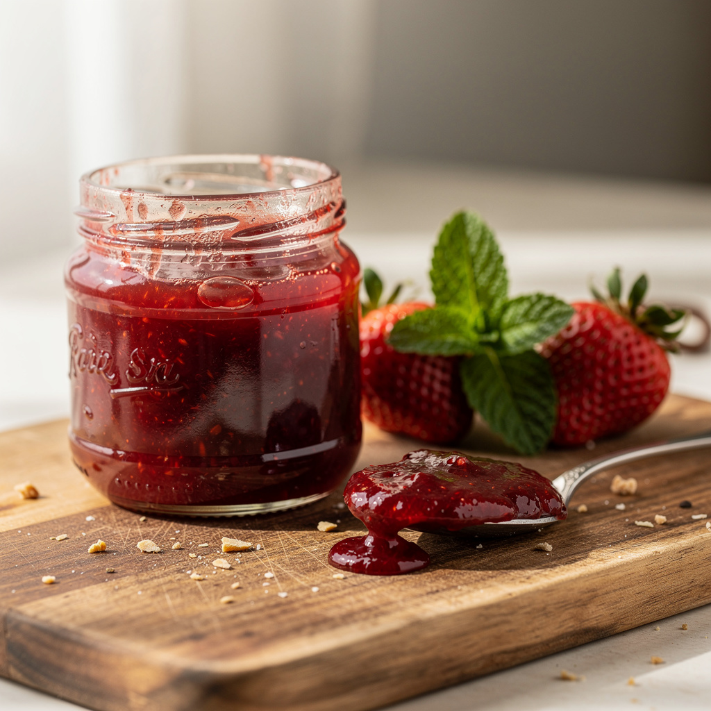 Homemade Italian strawberry jam in a rustic jar with fresh fruit.