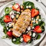 Strawberry spinach salad with chicken topped with feta and balsamic vinaigrette