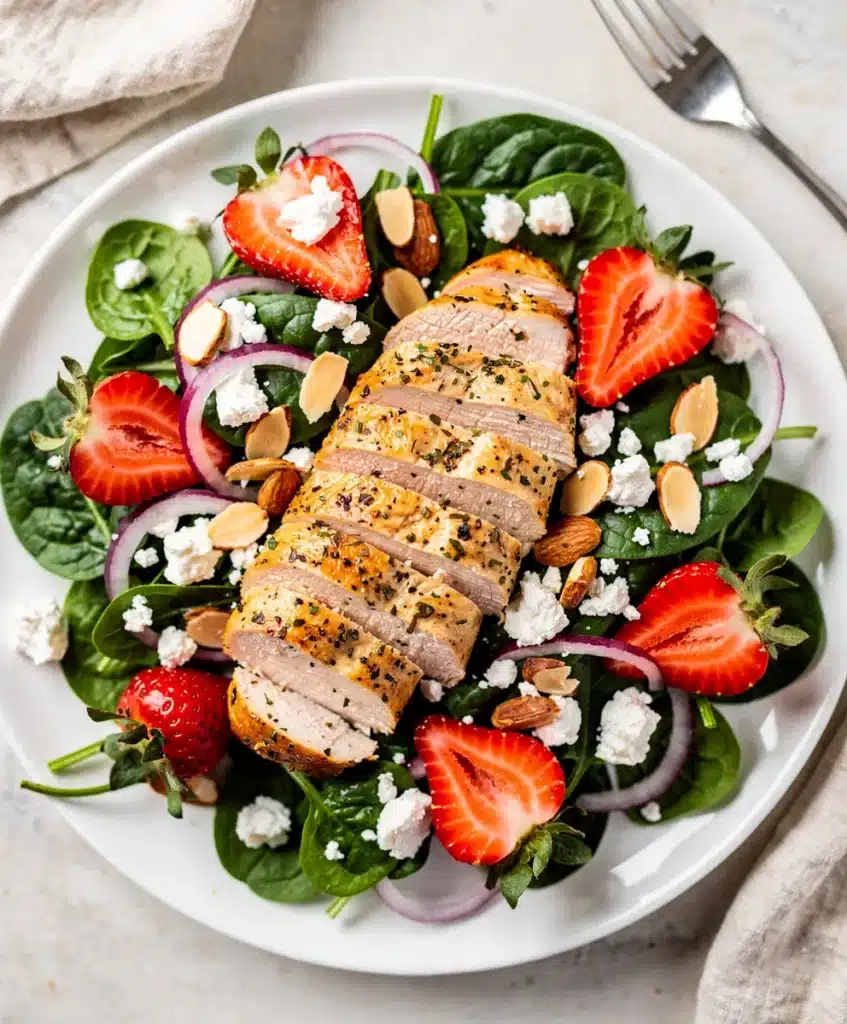 Strawberry spinach salad with chicken topped with feta and balsamic vinaigrette