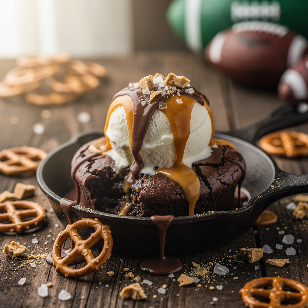 A fudgy brownie skillet sundae with ice cream for a Super Bowl party.