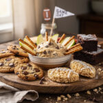 Super Bowl dessert platter with cookies brownies and football Rice Krispie treats