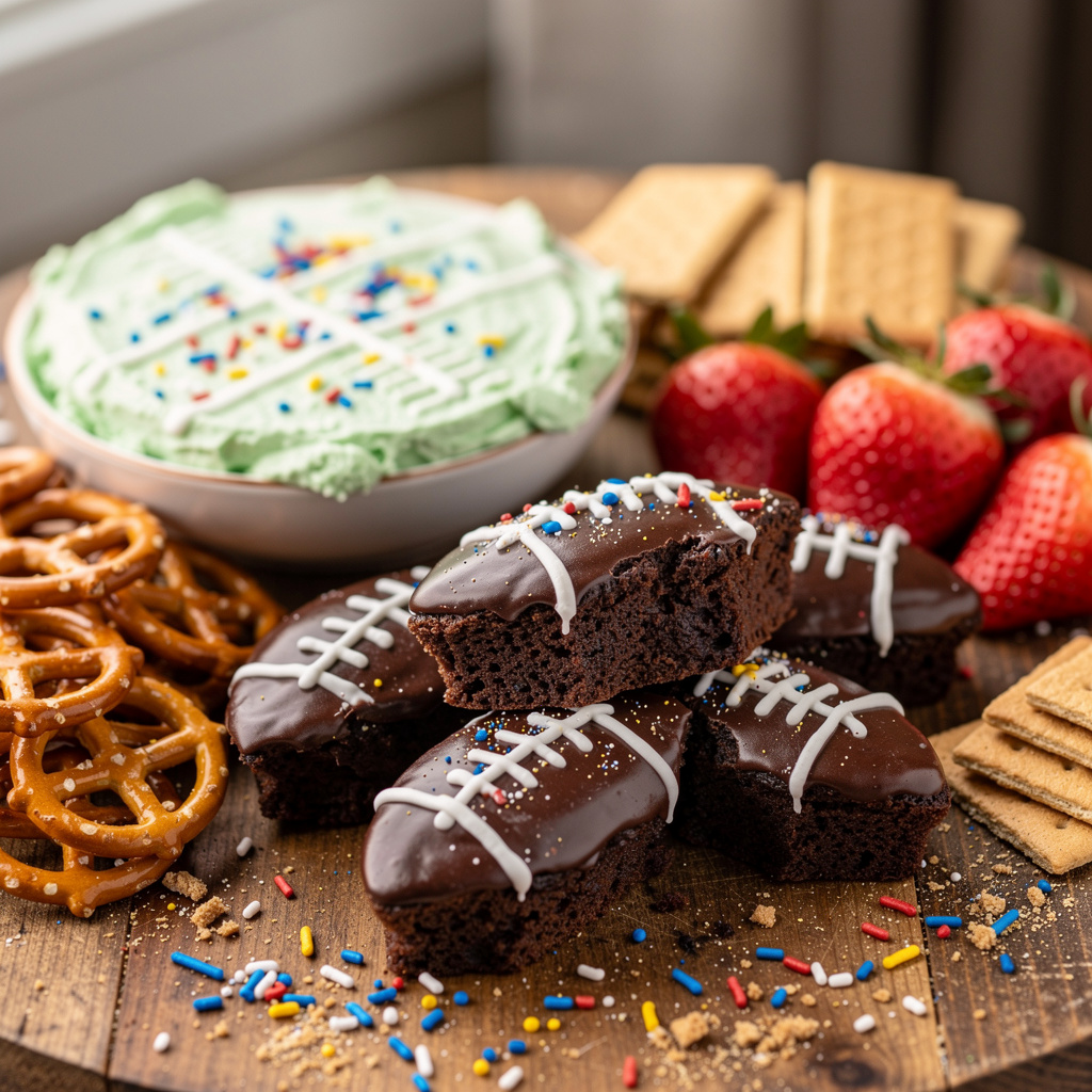Football brownies with icing laces and green cream cheese dip for Super Bowl.