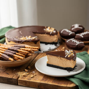 No-bake chocolate peanut butter cheesecake for a Super Bowl dessert table.