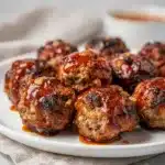Sweet and spicy meatball bites with sticky sauce and creamy ranch dressing