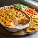Ultimate Buffalo Chicken Dip Delight served warm with cheese and fresh vegetables.