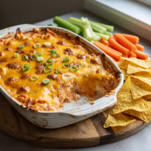Ultimate Buffalo Chicken Dip Delight served warm with cheese and fresh vegetables.