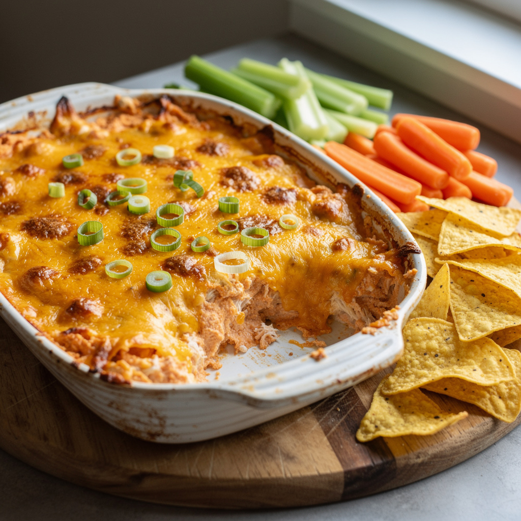 Ultimate Buffalo Chicken Dip Delight served warm with cheese and fresh vegetables.