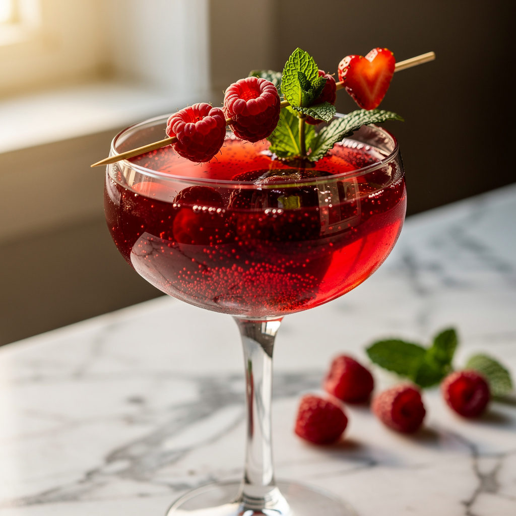 Romantic Valentine's berry mocktail spritzer in a coupe glass garnished with fruit.