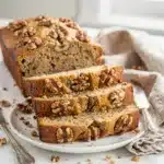 Moist walnut banana bread slice with butter on a rustic wooden cutting board.