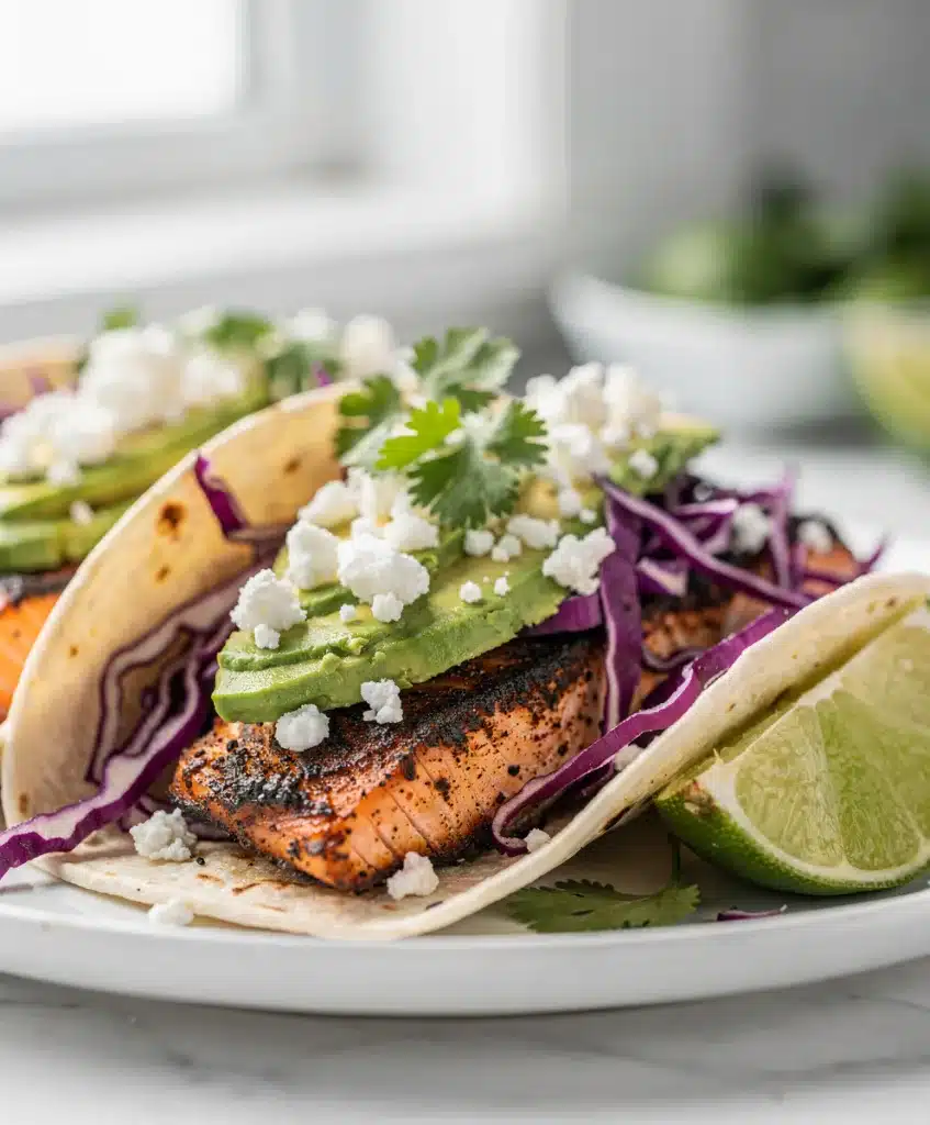Blackened salmon tacos with creamy avocado and fresh cilantro lime
