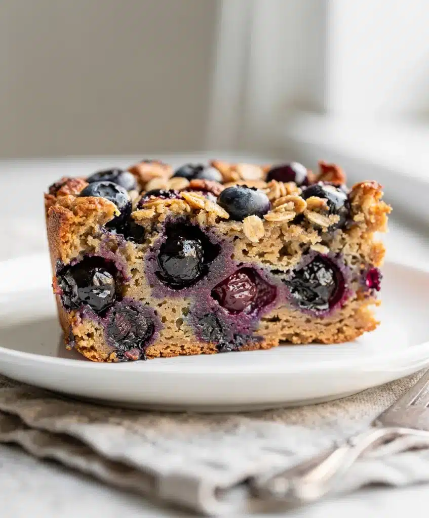 Creamy baked oatmeal with fresh blueberries in a cozy homemade breakfast.