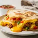 Crispy savory breakfast quesadilla with melty cheese and fresh avocado slices.