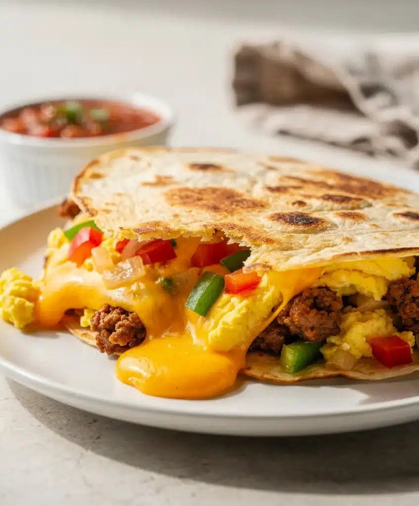 Crispy savory breakfast quesadilla with melty cheese and fresh avocado slices.